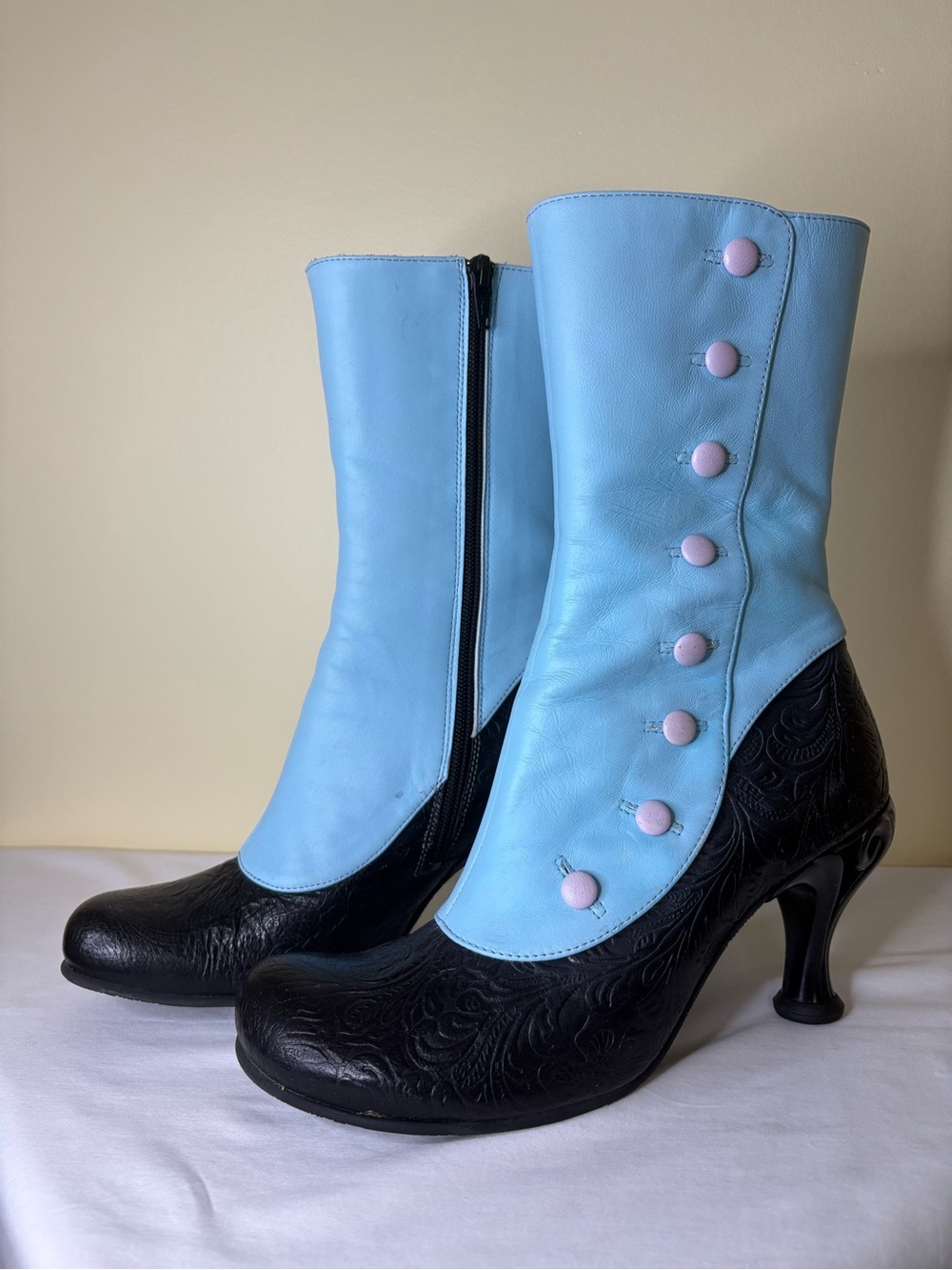 John Fluevog Sky Blue and Black Victorian-Inspired Button-Trim Ankle Boots